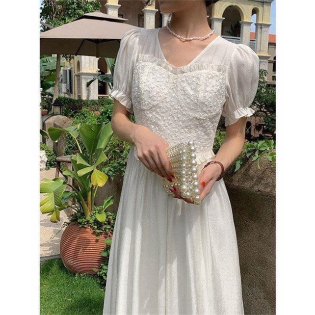 DST10208 v neck lace dress / terusan wanita midi renda putih