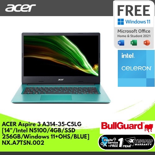 ACER ASPIRE 3 SLIM A314-35-C5LG [14"/INTEL N5100/4GB/SSD 256GB/WINDOWS 11+OHS/BLUE] NX.A7TSN.002
