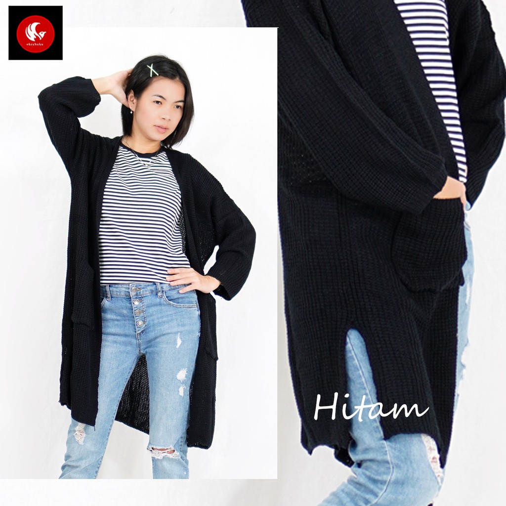 OKECHUKU Lavella Long Cardigan Wanita Outer Wanita Cardigan Rajut Oversize-Hitam