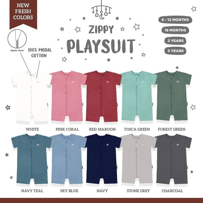 Baju Jumper Jumpsuit Bayi /Pakaian Romper Anak 6 Bulan - 3 Tahun Pakaian Tidur Bayi Palmerhaus Zippy Playsuit Warna Polos