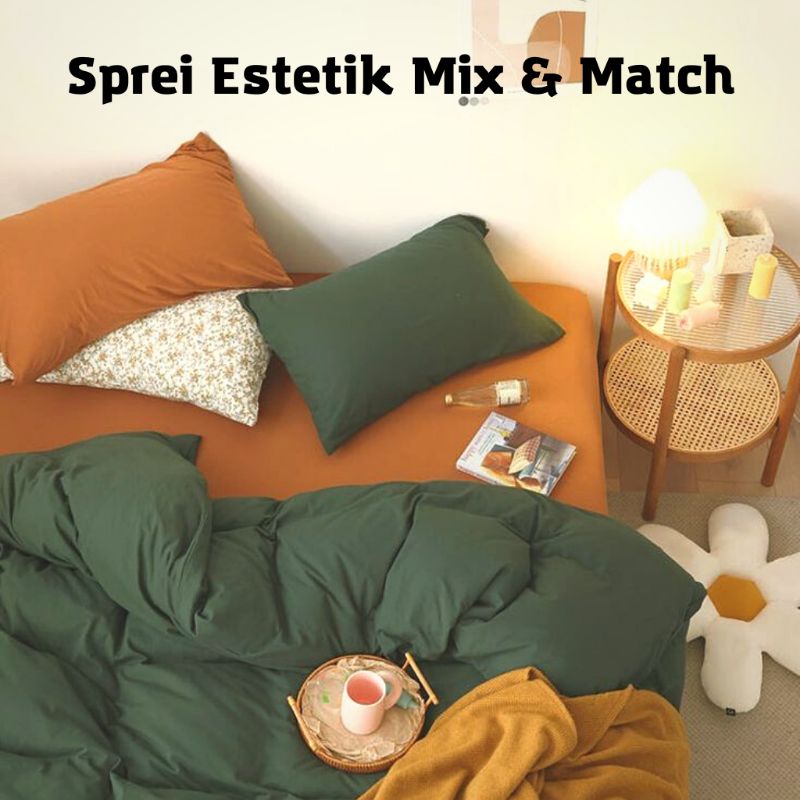 Sprei Estetik Mix &amp; Match Mustard Army Two Tone Polos Tanpa Embos Bahan Polymicro 120x200 160x200 180x200