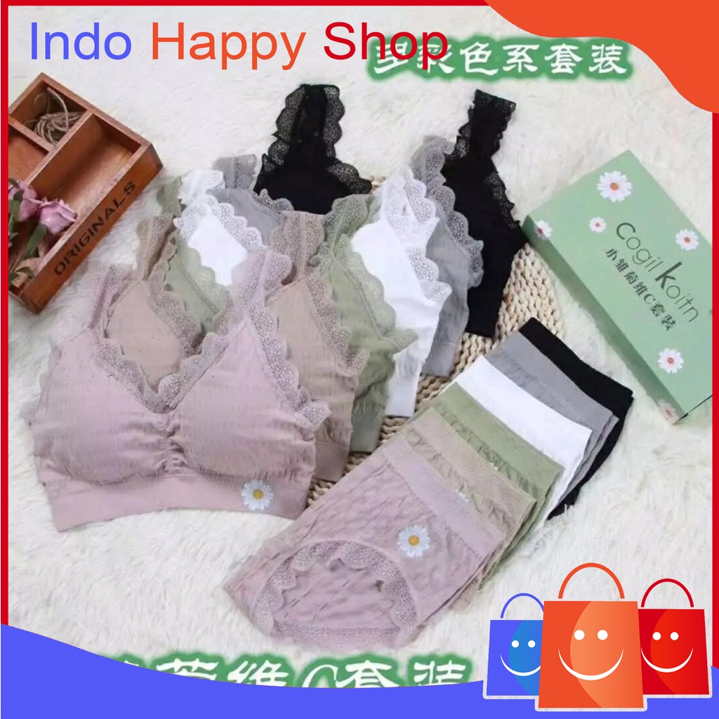 Bra Dan Celana Dalam Set Pakaian Dalam Wanita Renda Motif Bunga Daisy Fashion Korea 𝕀ℍ𝕊 497