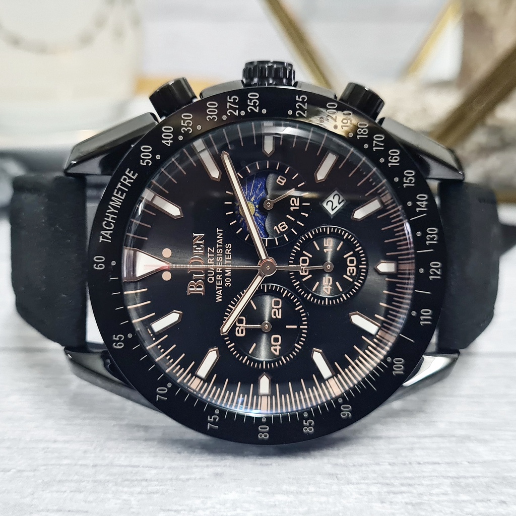 (COD) Jam Tangan Pria Original BIDEN Paradox Tali Hitam Kult Leather Black Analog Chrono Aktif Anti 