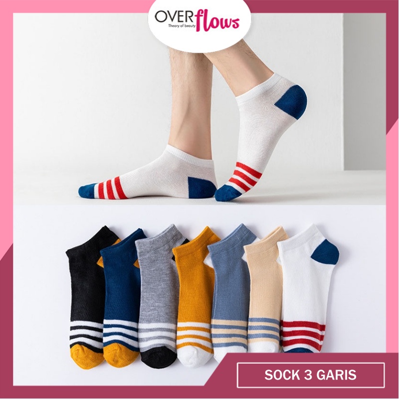 OVERFLOWS.ID Kaos Kaki Polos Pria Unisex Pendek Mata Kaki Motif Garis Import