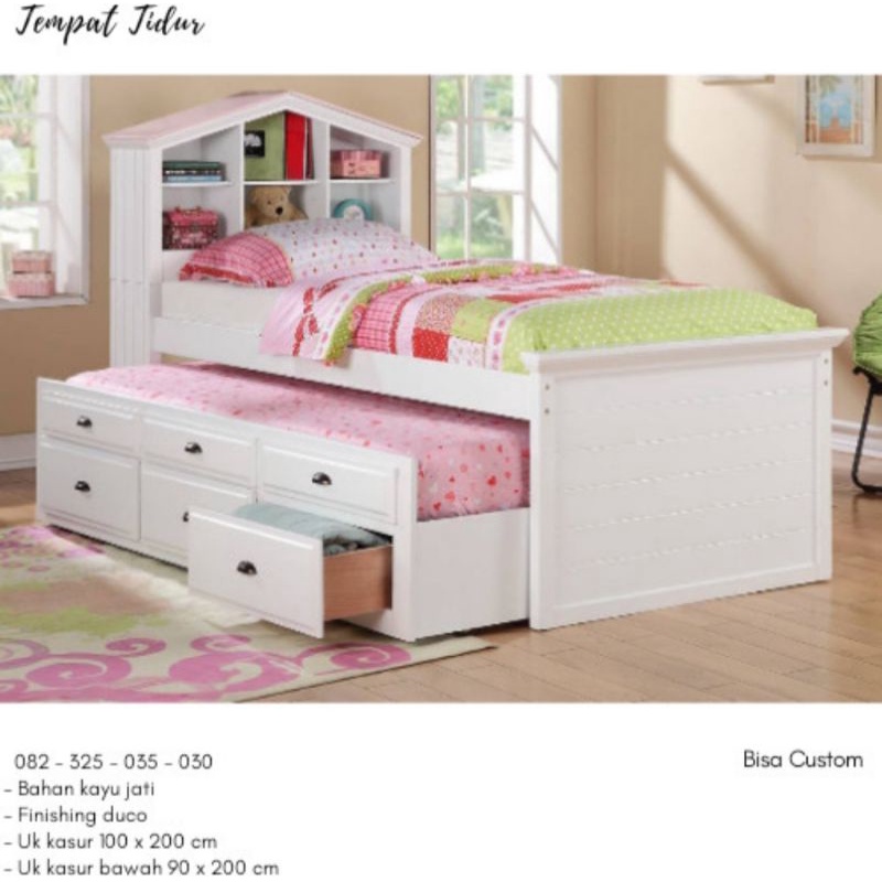 Bed house anak murah karakter rumah, Bunk bed kayu anak 2 tingkat