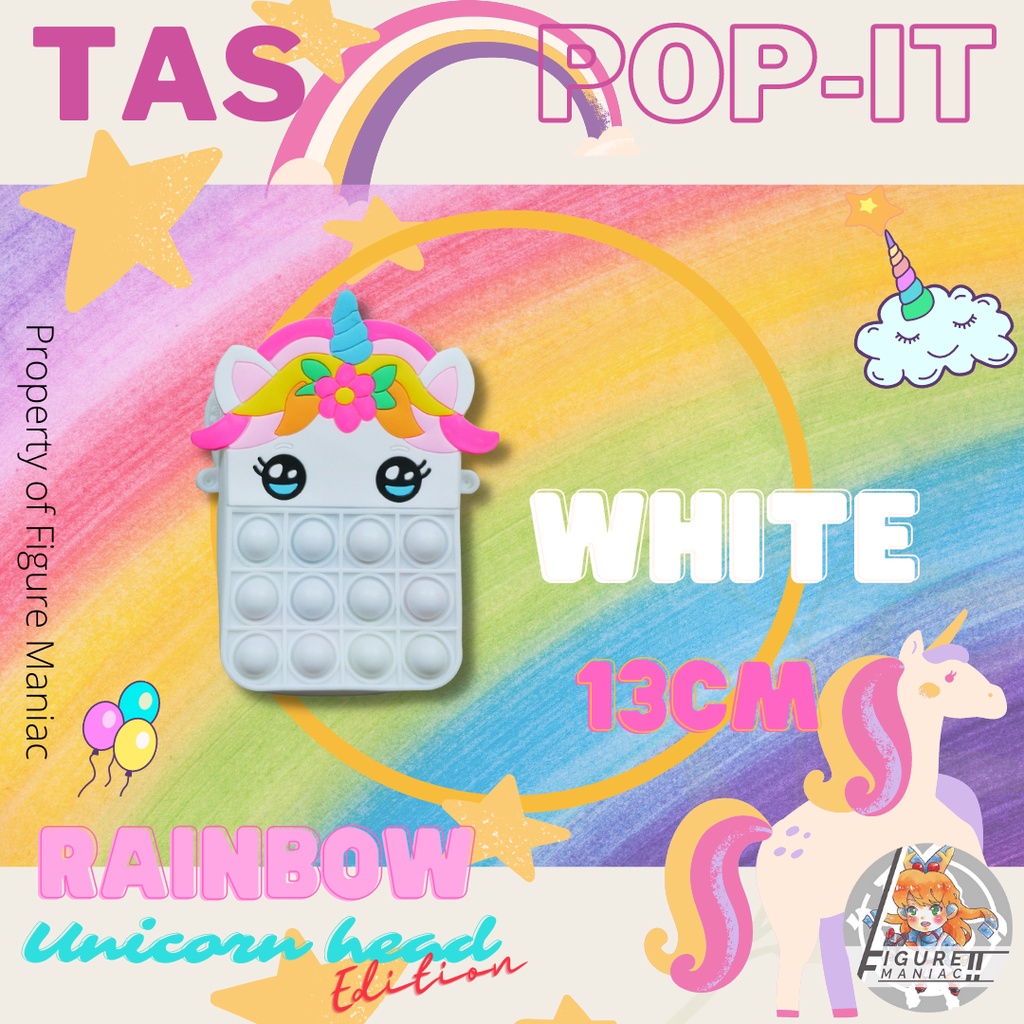 Figure Maniac - Tas Pop It Mini Rainbow Unicorn Head Sling bag edition premium import size 13 cm free tali selempang Tas Anak Tas Handphone Tas Mainan Anak Tas Sekolah