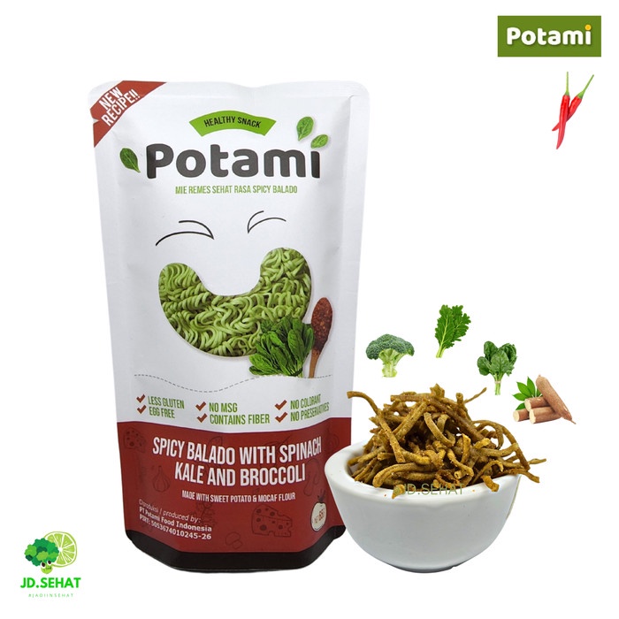 

Mie Remes Bayam POTAMI Balado Pedas No MSG Less Gluten Egg Free