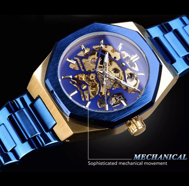 Jam Tangan Pria Automatic Forsining Oak Original Transparan Gold Royal Blue