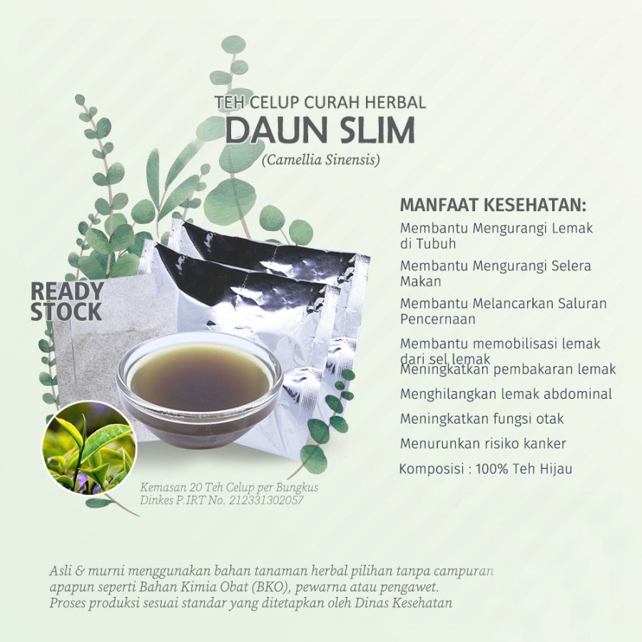 

Teh Celup Herbal DAUN SLIM TEH HIJAU (Camellia Sinensis, Greentea) untuk Pelangsing, Anti Aging, Jerawat, dan Stres