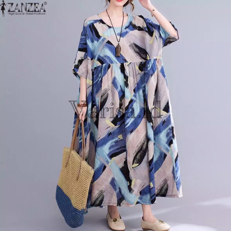varisa ZANZEA Gaun Pantai Wanita Gaun Maxi Panjang Longgar Kasual Lengan Setengah Cetak Musim Panas