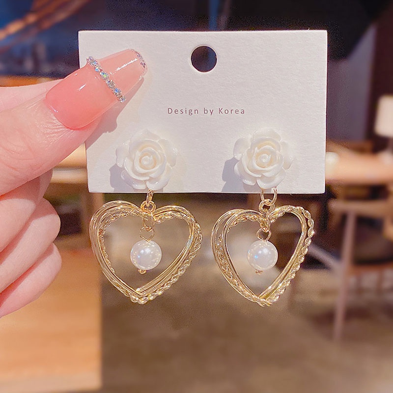 Shuling S925 silver needle Women Earrings Retro Flower Heart-shaped Pearl Earrings Fashion Drop Earrings