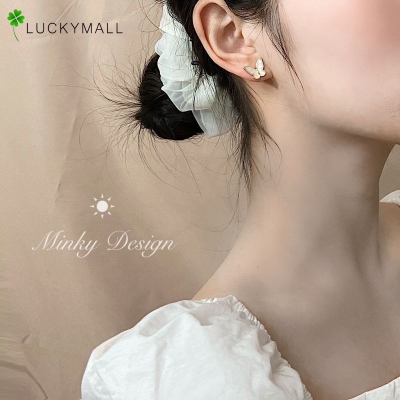 Anting Stud Desain Butterfly Bahan Metal Warna Emas Putih Gaya Korea Untuk Wanita