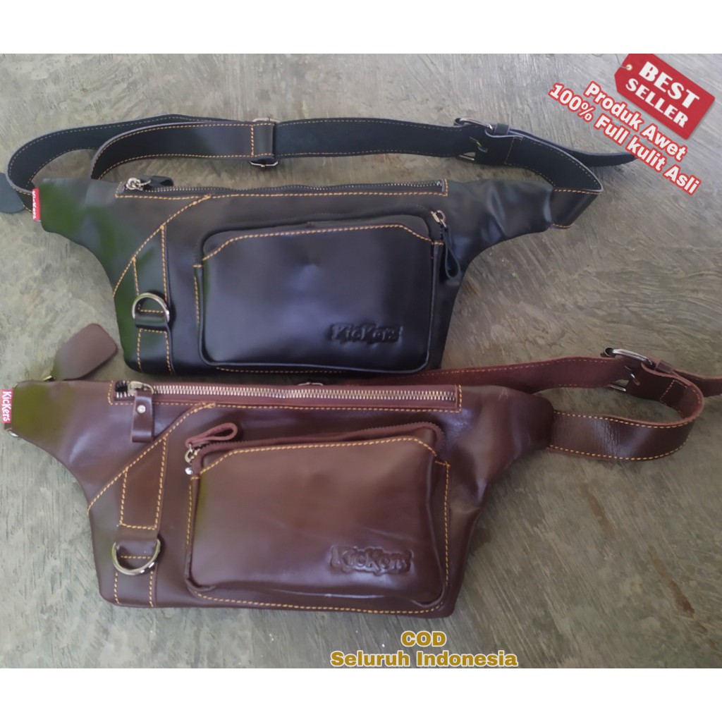Waist Bag Kickers Tas Pria Bahu dan Pinggang Keren Full Kulit Asli , Produk Awett Tidak Mengelupas