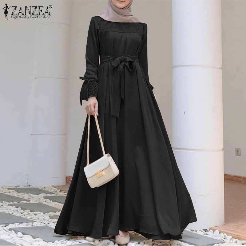 ZANZEA Women Fashion Flare Long Sleeve Solid Color Lace Patchwork Muslim Dress