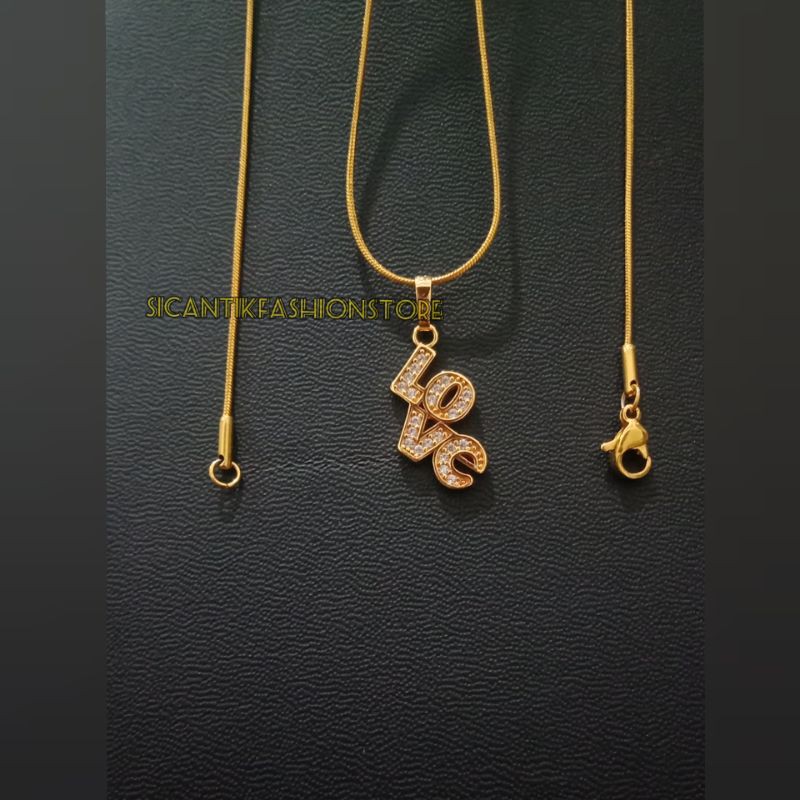 Promo kalung Titanium plus liontin love permata fashion wanita terlaris perhiasan wanita lapis emas