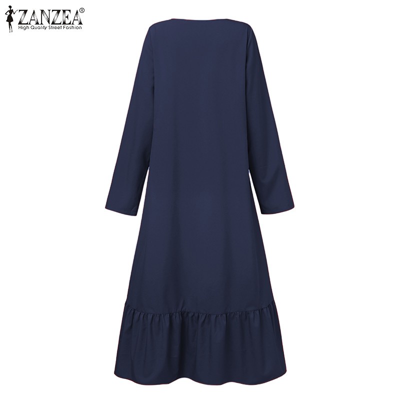 ZANZEA Women O-neck Long Sleeve Frilled Plain High Low Muslim Midi Dress