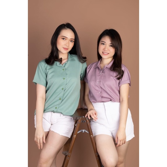 DOMINIC TOP - ATASAN KEMEJA CASUAL WANITA POLOS BUTTON LENGAN PENDEK (BSML1)