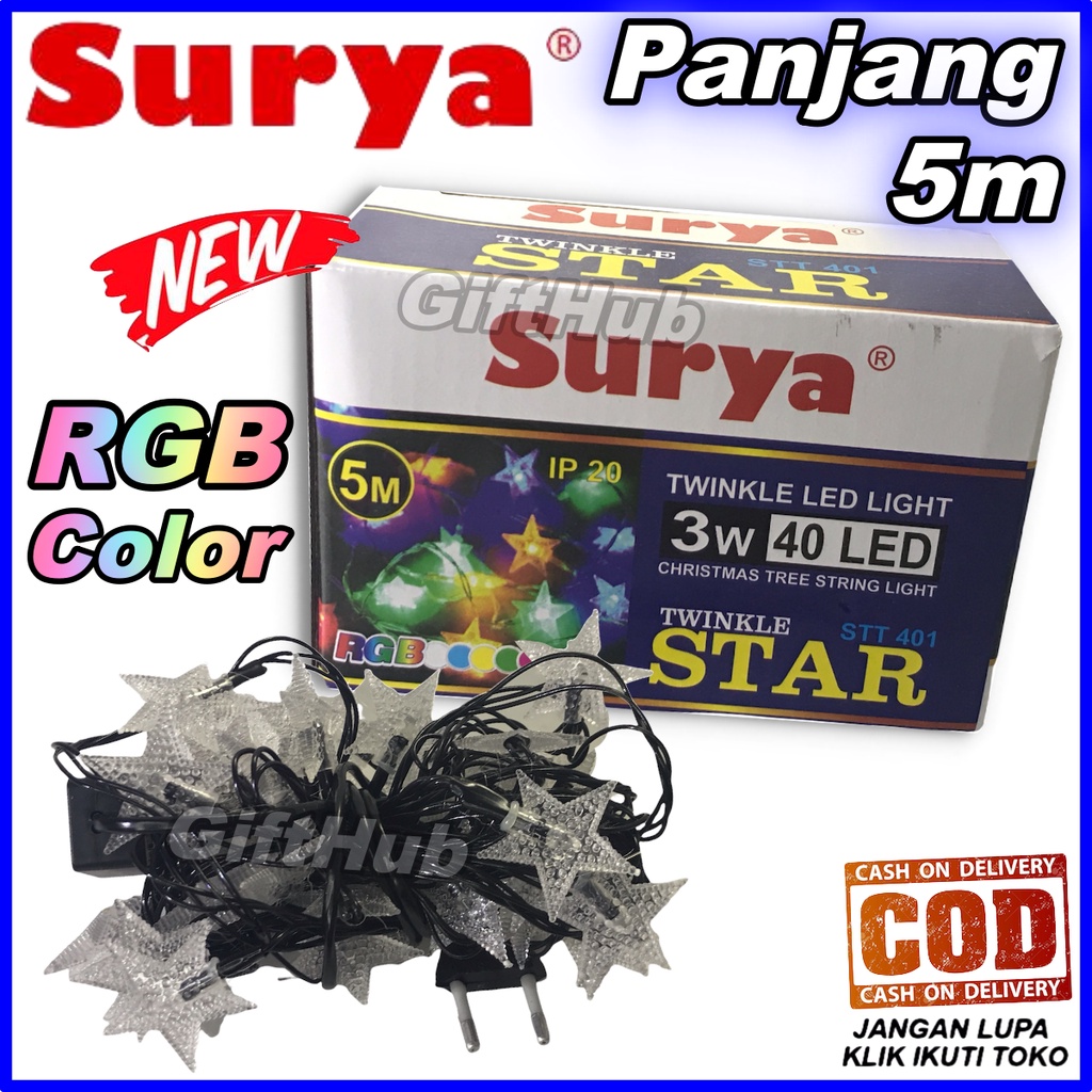 Surya Lampu Tumbler Kedap Kedip Lampu Natal Twinkle Star RGB STT 401 Daya 3w Watt 40 LED 5 Meter WAR