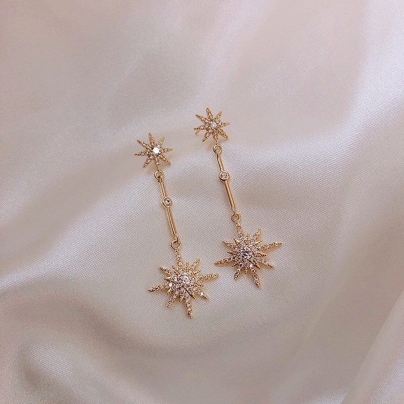 Anting Stud Panjang Desain Bintang Delapan Bahan 925 Silver Needle Gaya Korea Untuk Wanita