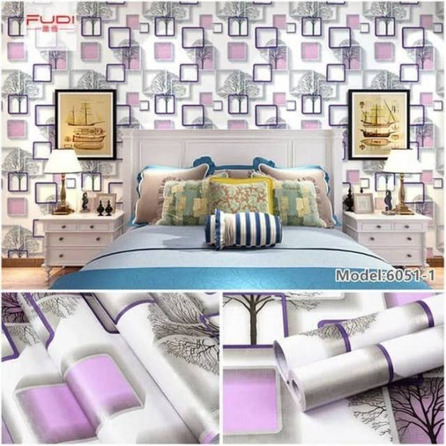 Wallpaper dinding motif kotak ungu