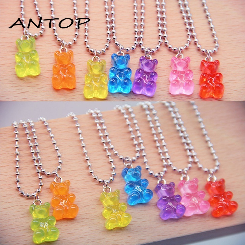 Transparan Beruang Bulat Rantai Kalung Liontin Resin Kartun Warna Cerah Fashion Jewelry ANTOP