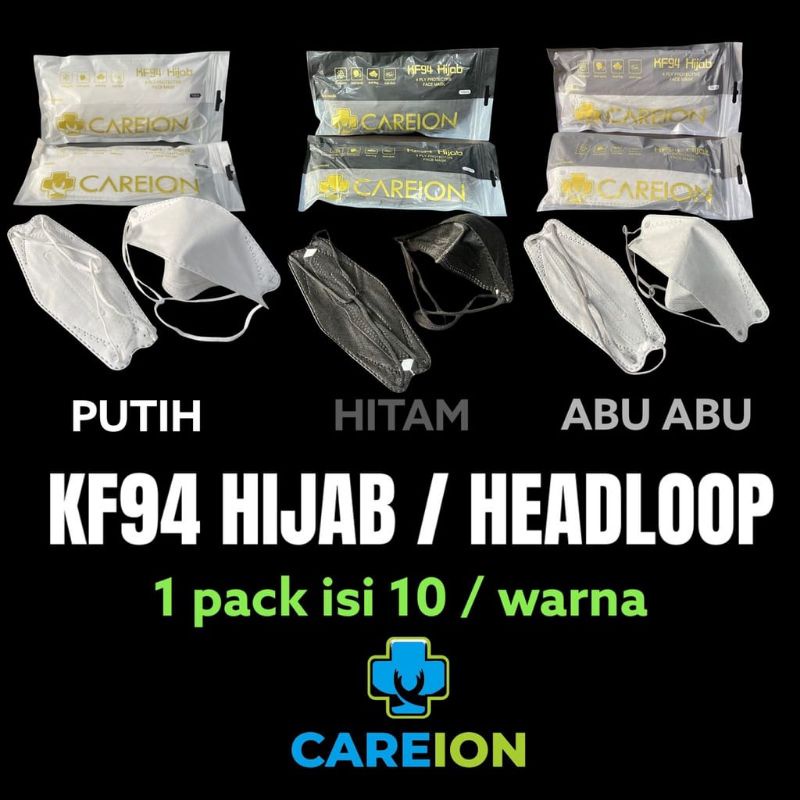 MASKER KF 94 HIJAB " CAREION" / HEADLOOP KF94 4PLY ISI 10Pc Warna Netral Black&White