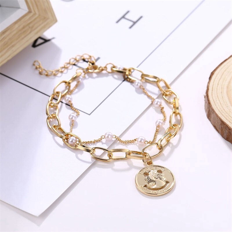 New Fashion Pearl Bracelets Geometric Coin Charm Bracelets Chain Jewelry Christmas Gift