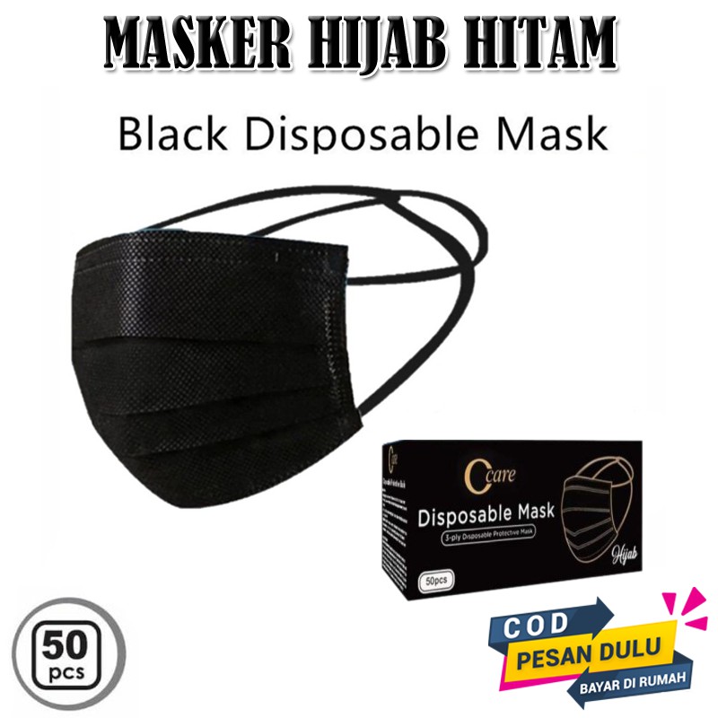 1Box 50Pcs Masker Hijab Headloop Masker C Care Hitam&amp;Biru Disposable Mask Non Surgical masker korea