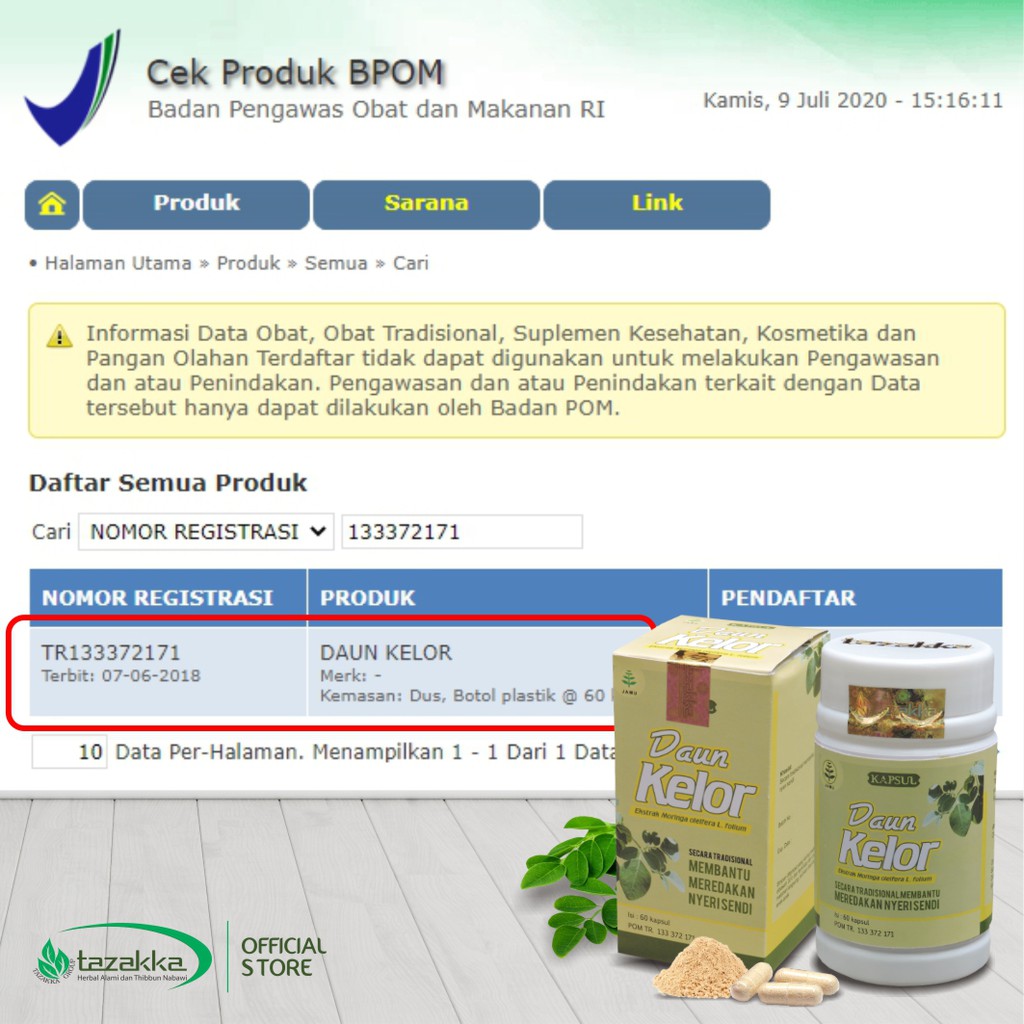 Obat Nyeri Sendi | Kapsul Herbal DAUN KELOR Tazakka HALAL BPOM | Isi 60 Kapsul | Kapsul Asi Booster