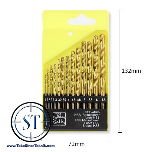 13 Pcs Mata Bor Lapis Titanium Gold HSS Twist Dril Bit Set Metal Plastik Logam 1.5-6.5mm Metric Round Shank Quick Change + Box