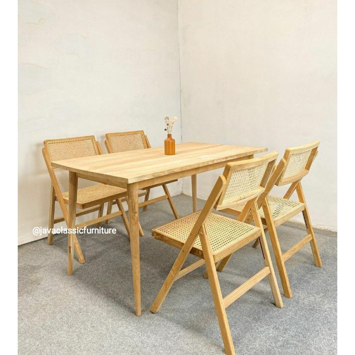 1 SET KURSI MEJA MAKAN CAFE MINIMALIS ROTAN VINTAGE BAHAN KAYU JATI FINISHING BLEACHING DINNING CHAIR-1