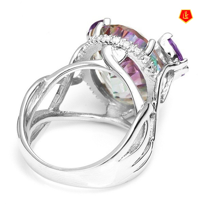 [Ready Stock]Inlaid Colorful Moissanite Ring 925 Silver Fashion Temperament