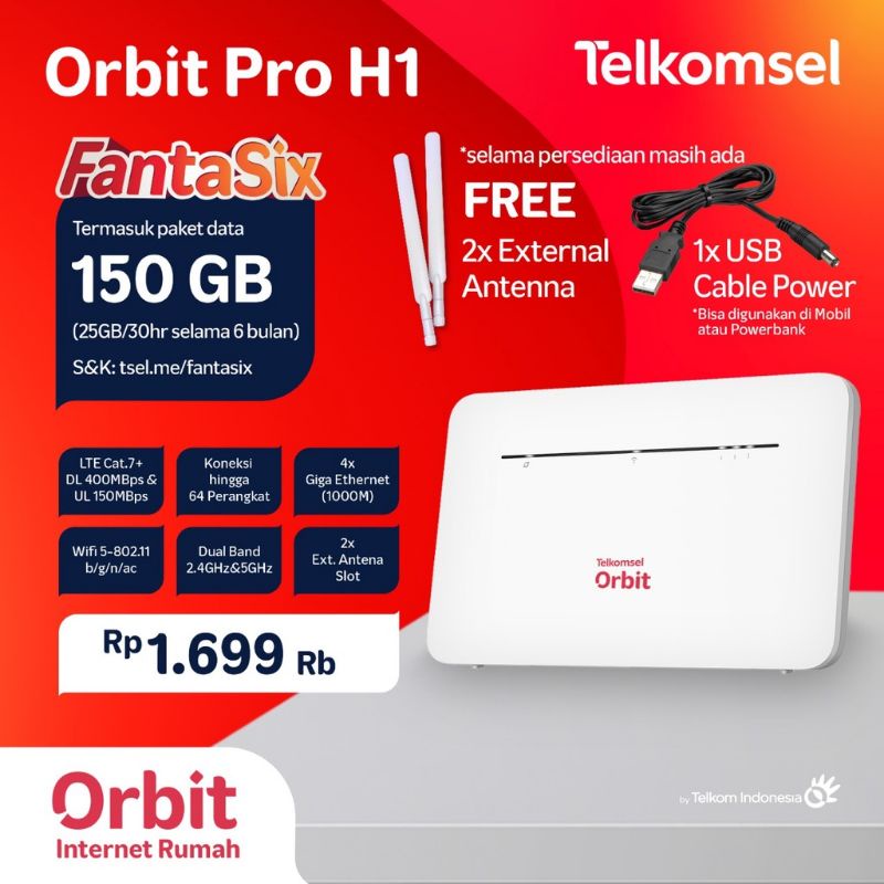 Mifi Modem Wifi ORBIT PRO H1 HUAWEI B535 4G LTE Free Telkomsel 150GB Garansi Resmi