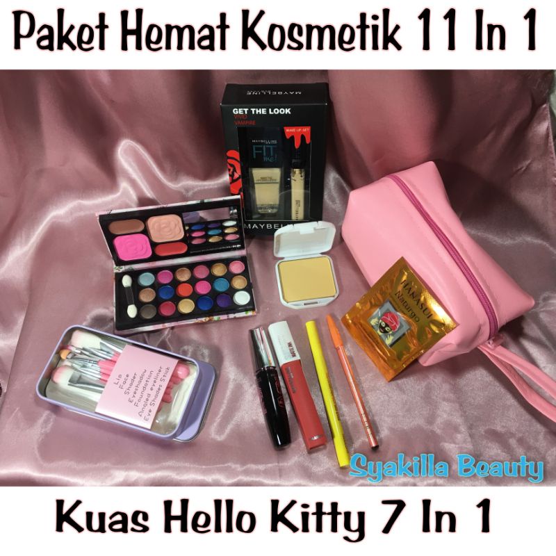 Paket Hemat Kosmetik 11 In 1 / Paket Kosmetik Lengkap / Brush On Hello Kitty / Kuas Makeup / Paket K