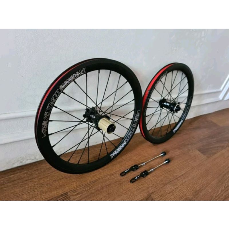 Wheelset Sepeda Lipat Discbrake Ukuran 16 Plus Roda Seli Folding Bike Disc Brake 349 Atau 16 x 1⅜ Alloy Alumunium Seukuran Fnhon Gust Smith Brompton
