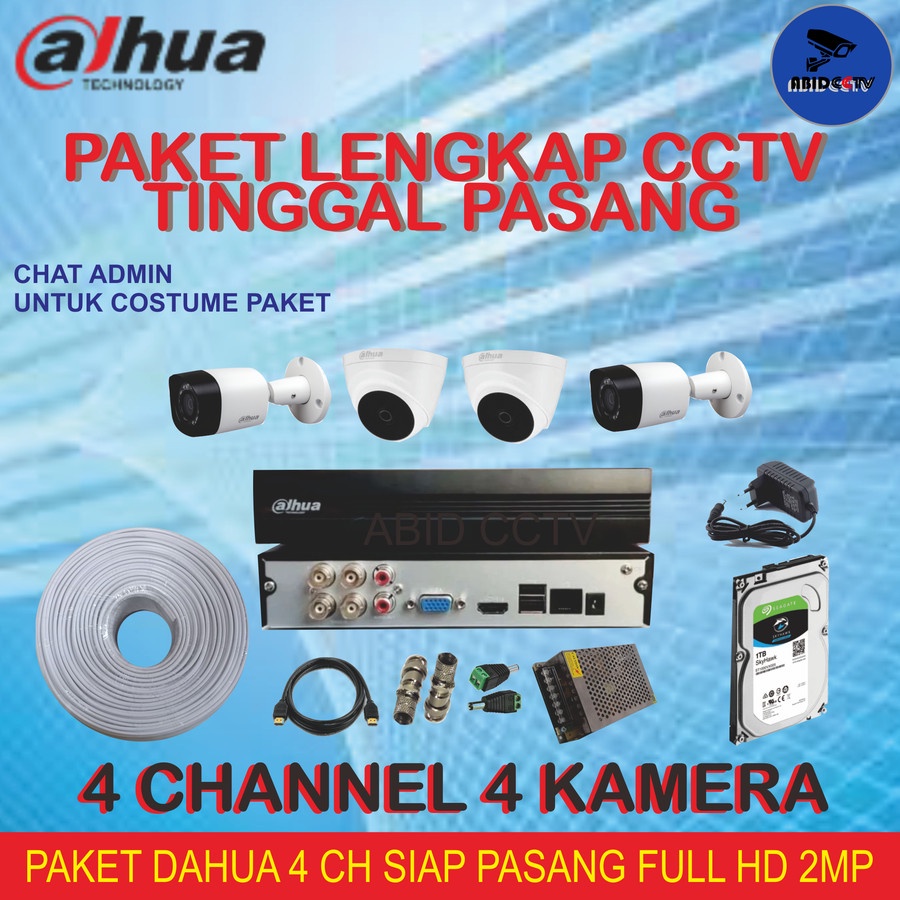PAKET CCTV DAHUA 4 CHANEL 4 KAMERA 2MP LENGKAP TINGGAL PASANG