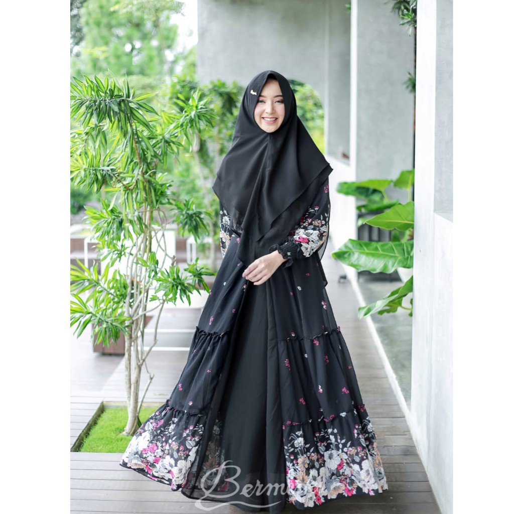 Gamis ceruty babydoll set khimar bermerks motif terbaru bunga tamara