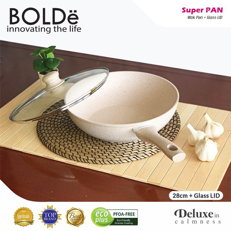 Super PAN WOK ( WAJAN ) 28 cm + GLASS LID Granite Beige Original BOLDe