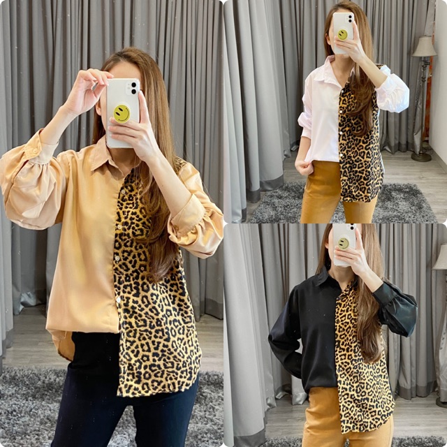 Kemeja kombi leopard / kemeja twotone / tshirt wanita / kemeja casual wanita K 11030