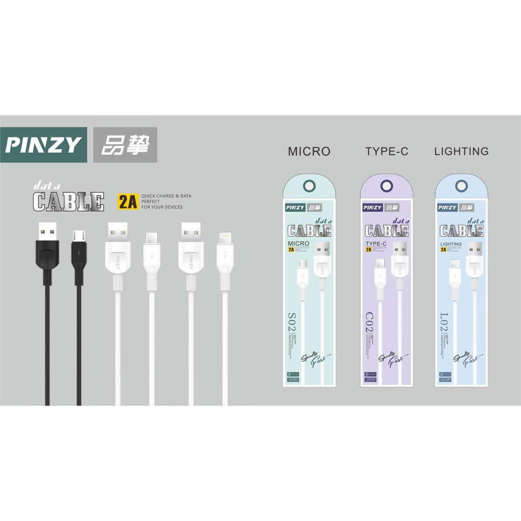 Kabel Data Pinzy S02 C02 L02 USB Speed &amp; Fast Charging Qualcomm QC 3.0A PD 65Watt USB Micro Type C Lighting