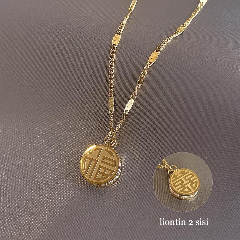 Kalung Titanium Asli Wanita 18k Emas Anti Karat Cina “FU” Liontin Aksesoris wanita Necklace grosir