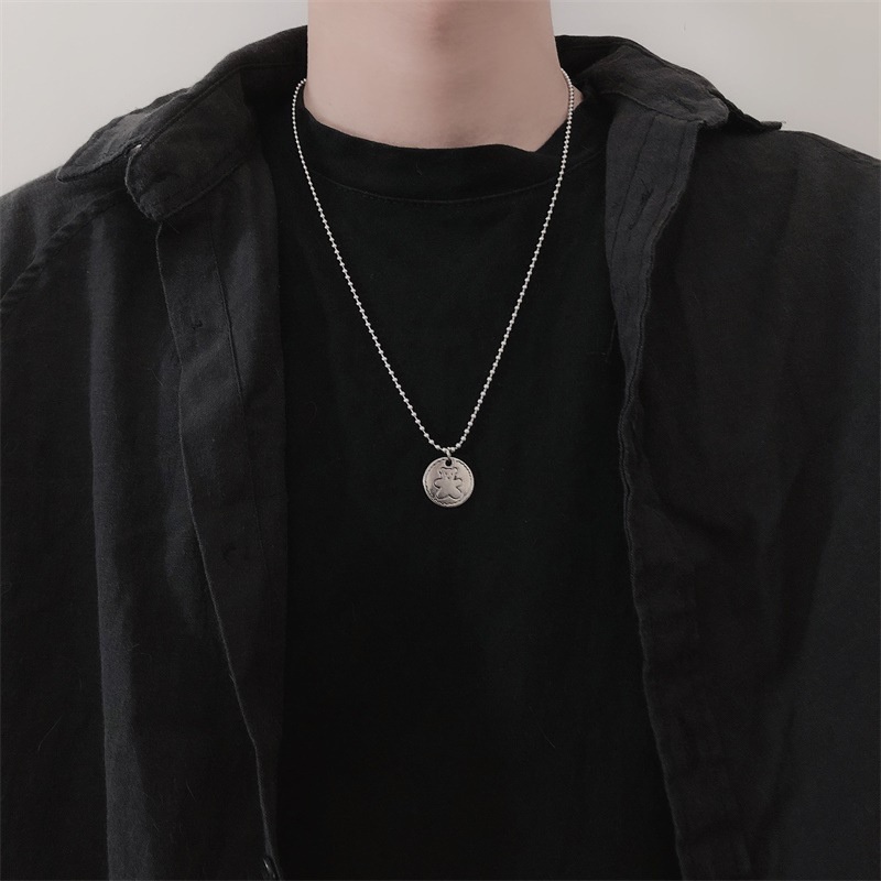 Cartoon Bear Biscuit Round Brand Bead Chain Necklace Round Alloy Pendant