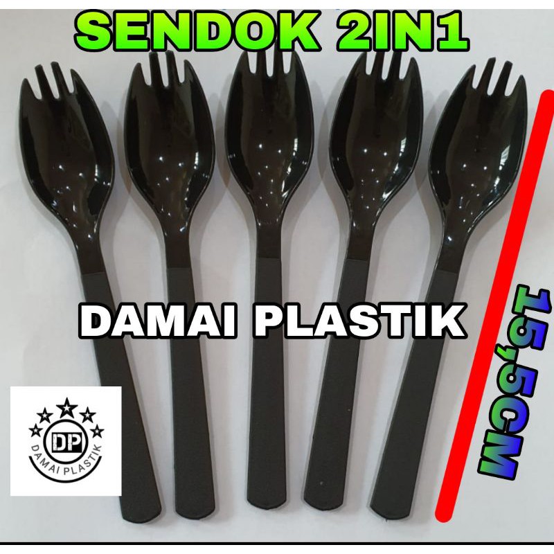 Sendok Garpu 2in1 Hitam Bening Merah Hijau Kuning Spork