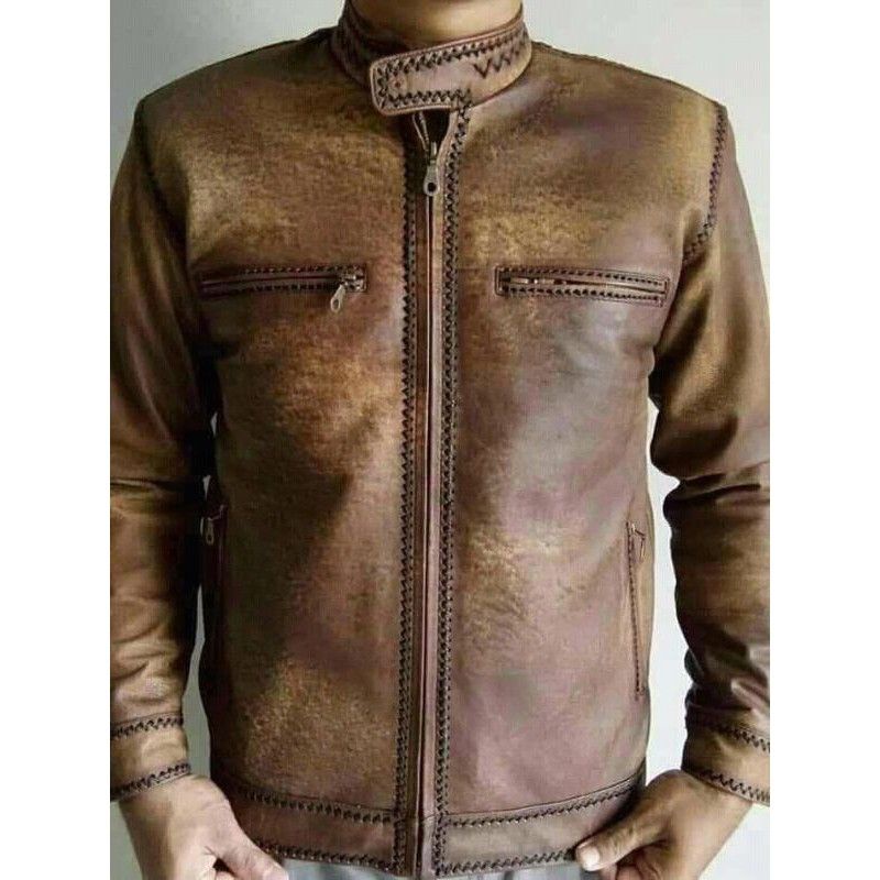 Jaket Pria Kulit Asli Domba Made in Garut Model Sulam Wash Size Jumbo Jaket Kulit Asli full Anti Api