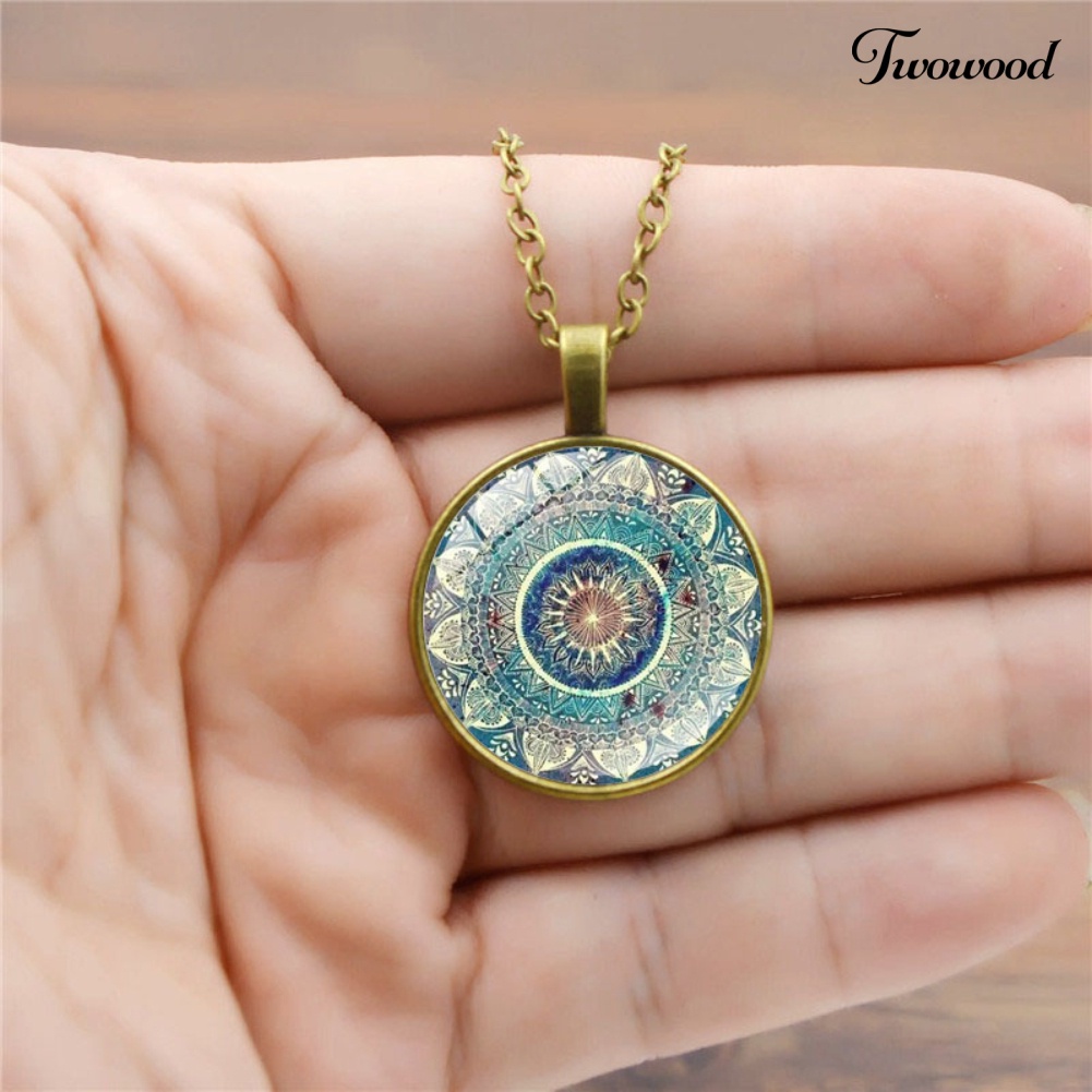 Kalung Rantai Panjang Dengan Liontin Kaca Cabochon Motif Mandala Gaya Vintage Untuk Wanita