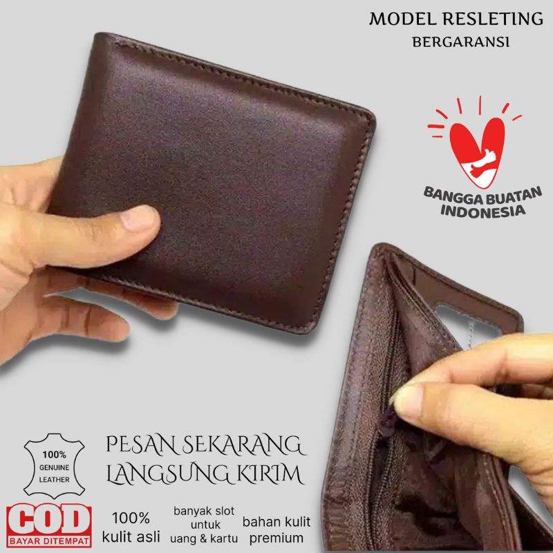 Dompet Pria Bahan Kulit Asli Garut Resleting full grain