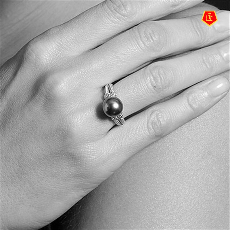 [Ready Stock]Gray Pearl Ring European and American round 925 Silver Engagement Ring