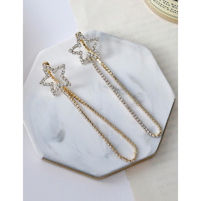 LRC Anting Tusuk Fashion Pentagram Gold Love Fringe With Rhinestone Chain Stud Earrings D34135