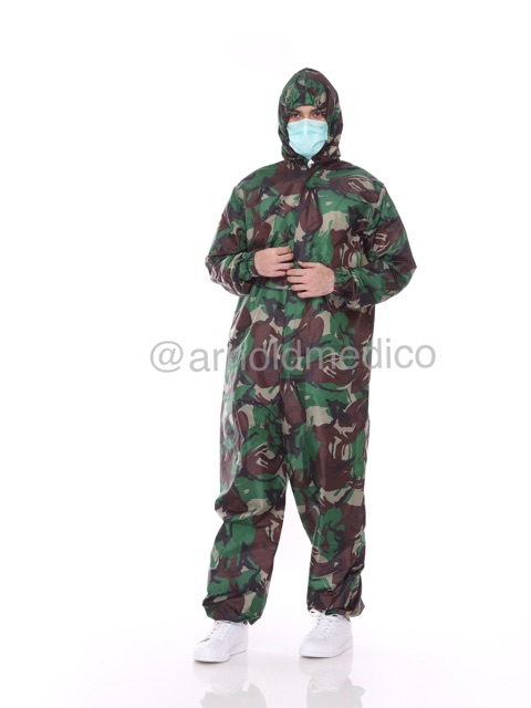 Baju APD Hazmat Parasut Waterproof / Anti Air / Anti Droplets Hijau Loreng TNI