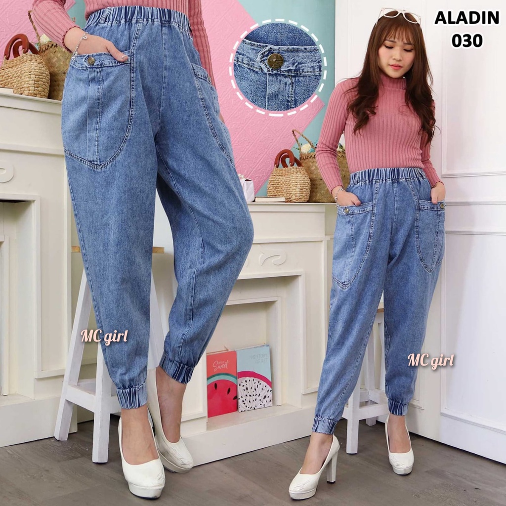 MC girl - Celana Jeans Aladin Warna Snow Blue Wanita / Celana Lepis Pinggang Karet Kantong Samping Snowblue / Celana Denim Kaki Karet